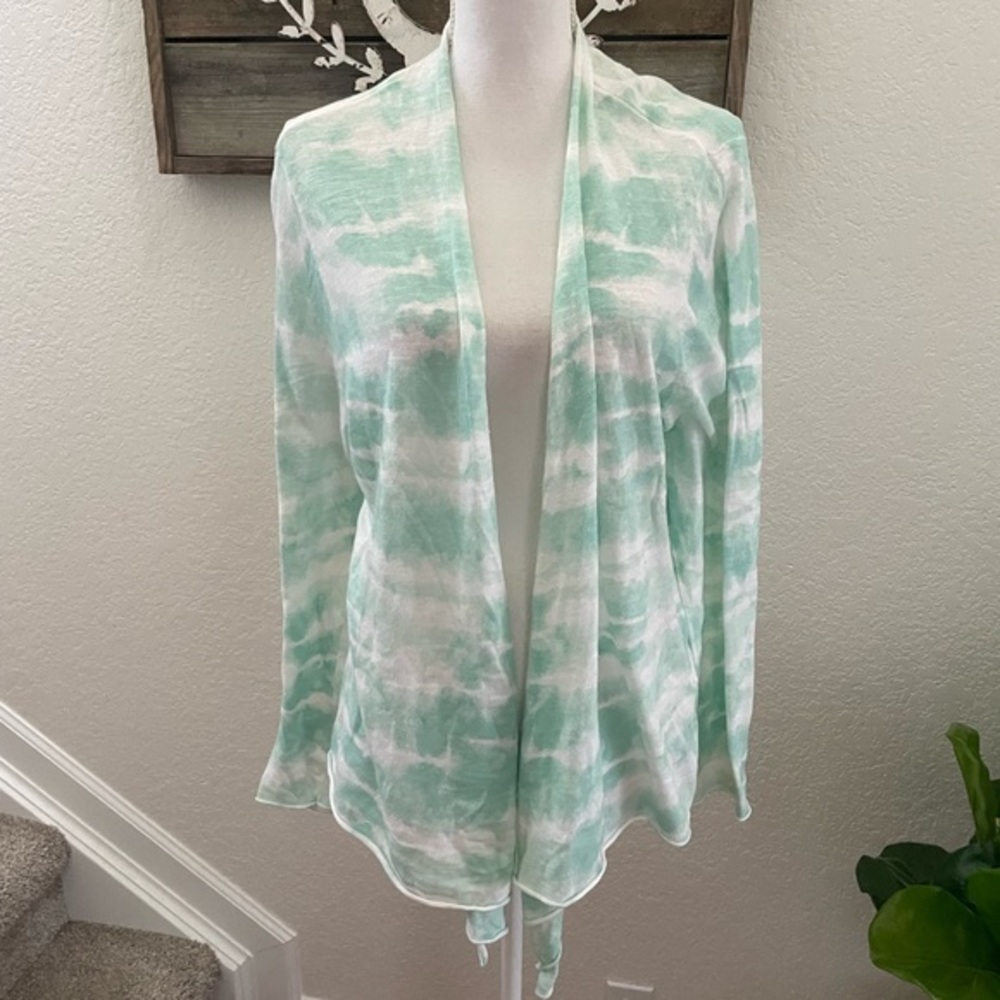 Chicos Zynergy green tie dye draped front cardigan lightweight cotton size 3 NWT
